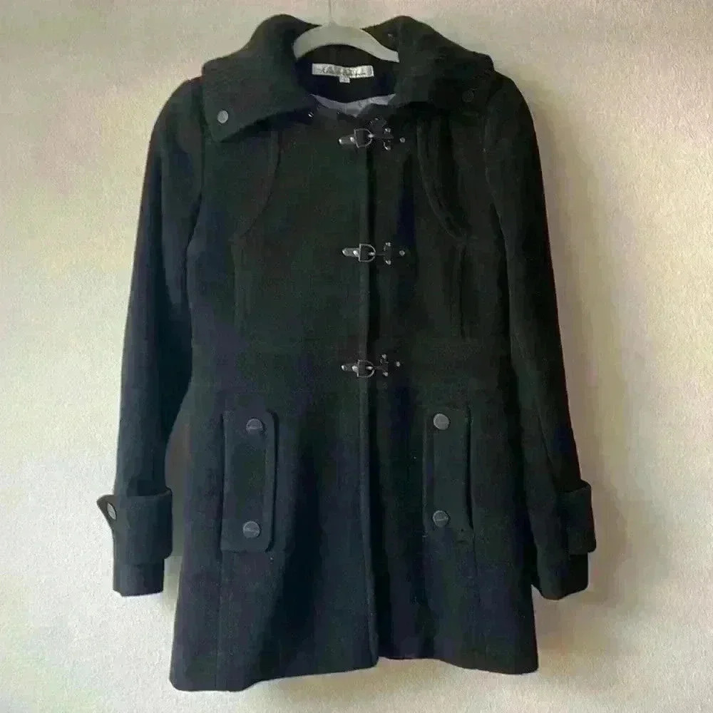 Kenneth Kole Black Wool Coat with removable Hoodie Sz 4